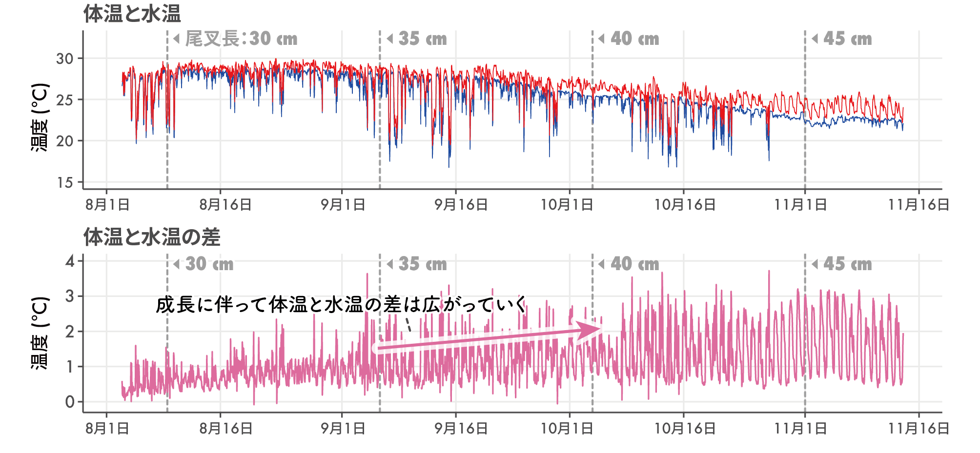 クロマグロ若魚の体温と水温の差の時系列